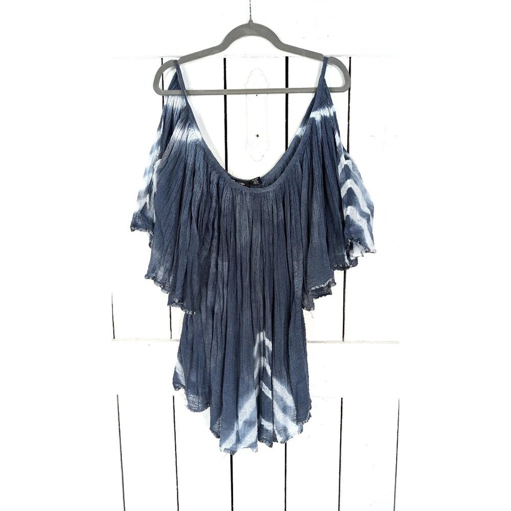 Gauzy blue white tie dye bell sleeve caftan top
